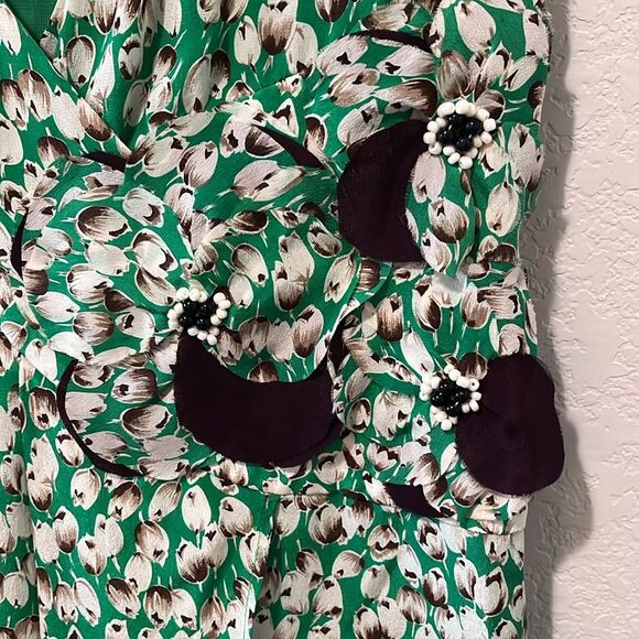 MOULINETTE SOEURS (Anthropologie) Silk Green/Brown Tulip Dress, Size 2 - Picture 3 of 6